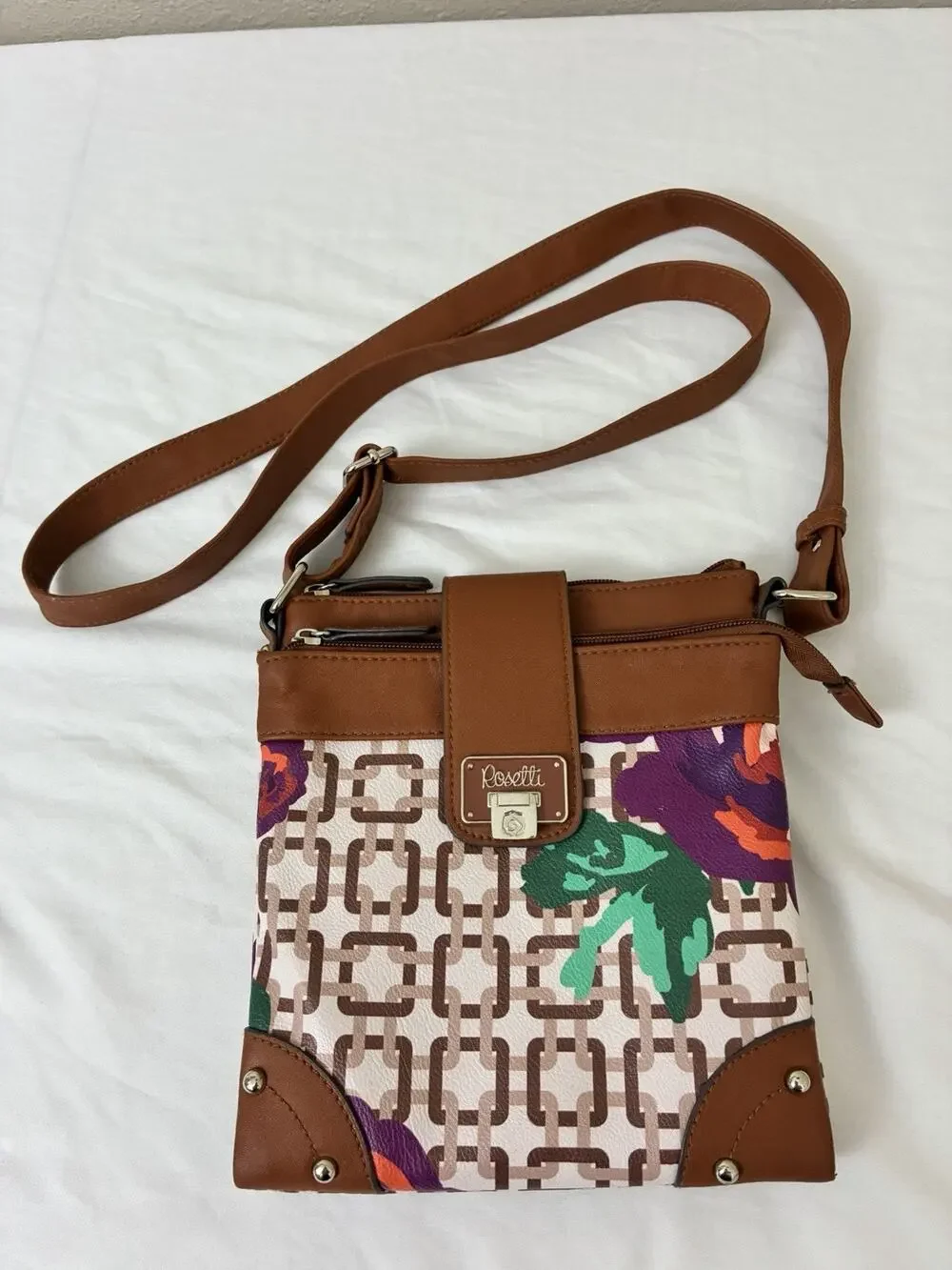 Rosetti Crossbody Handbag Women's Brown Faux Leather Shoulder Bag - EUC